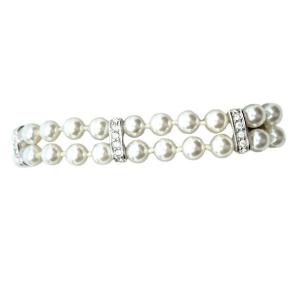 SWAROVSKI~Swan Signed~PEARL & CRYSTAL DOUBLE STRAND TENNIS BRACELET Like New - Picture 1 of 5